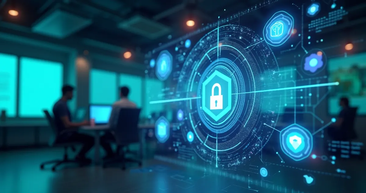 Interface digital mostrando gráficos de governança de dados com ícones de segurança e automação no-code