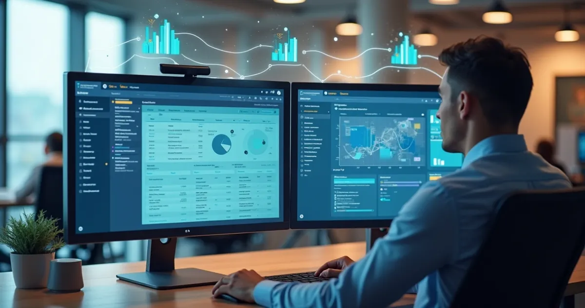 Visão comparativa de gerente utilizando diferentes telas de aplicativos de gestão de tarefas e comunicação no escritório mode