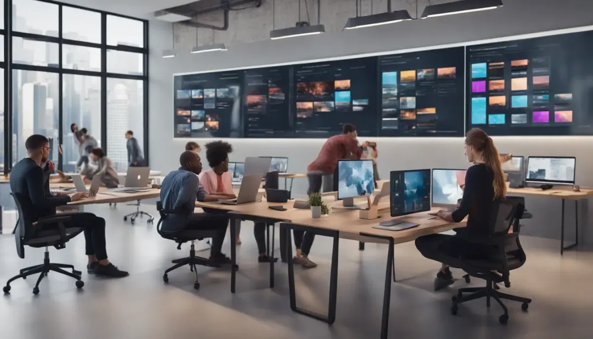 Equipe de profissionais diversos trabalhando colaborativamente em laptops e tablets em um escritório moderno com telas grande