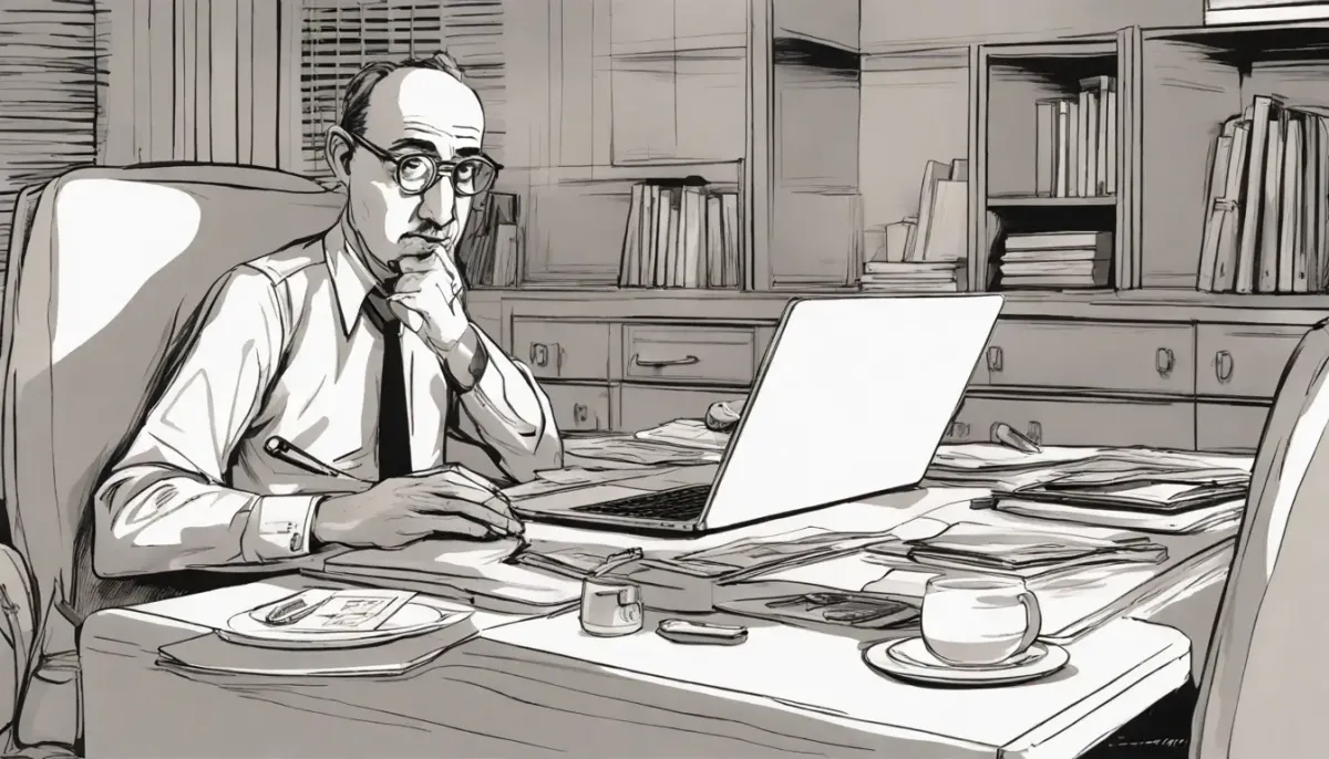 Operador está de frente para uma mesa de escritório desorganizada com laptop exibindo planilha complexa, cara de cansado, fru