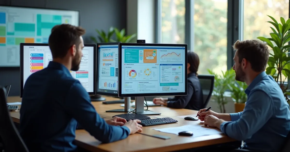 Equipe analisando implantação gradual de sistema no-code em escritório moderno com monitores exibindo gráficos e automações