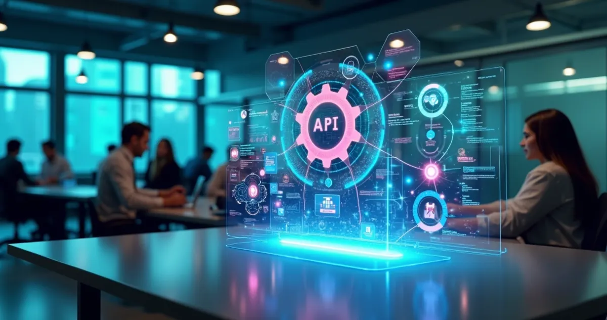 Representação visual da integração de APIs conectando sistemas empresariais com interfaces digitais e gráficos de automação