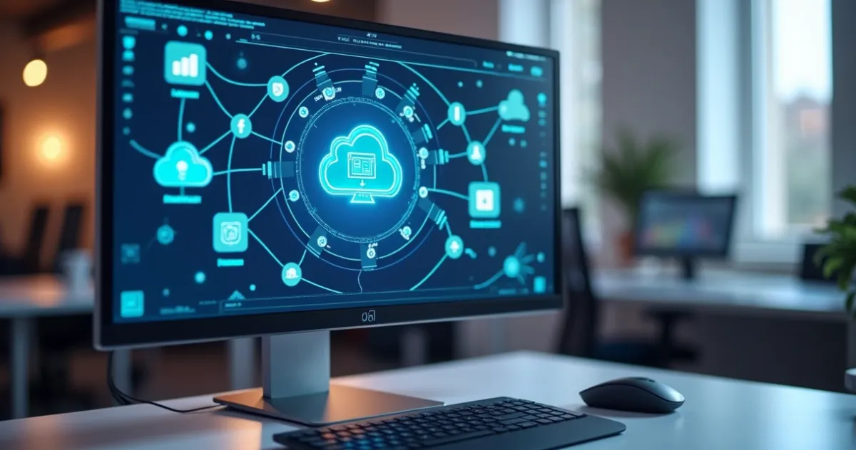 Tela de computador mostrando interface visual de integração no Bubble.io com vários fluxos conectados e ícones de automação e