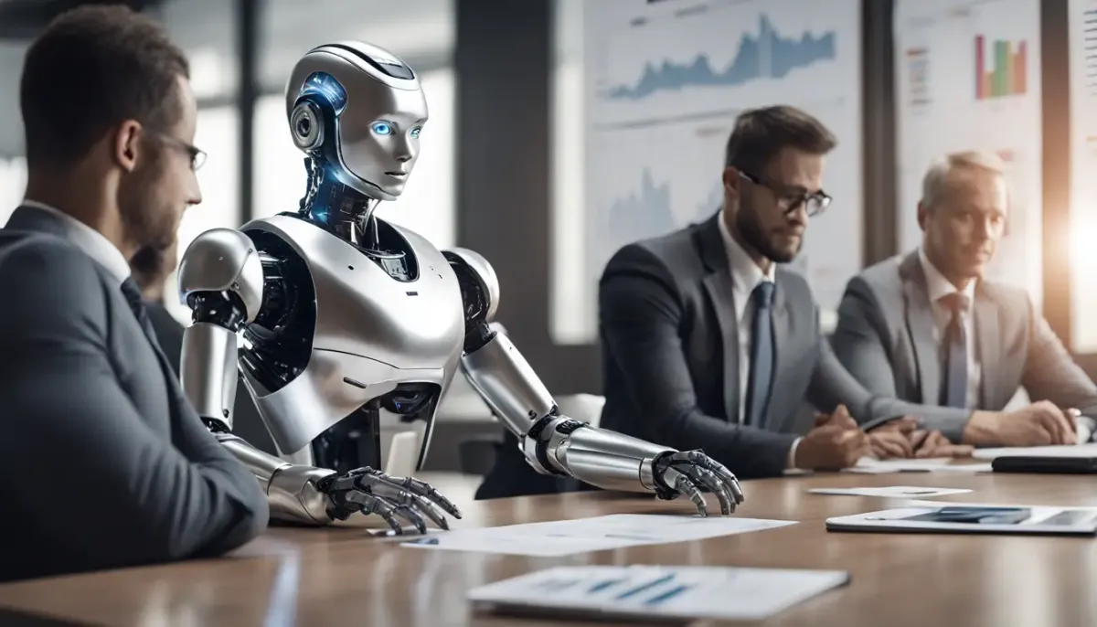 Robô humanoide prateado interage com profissionais de negócios em mesa de conferência com gráficos no fundo.