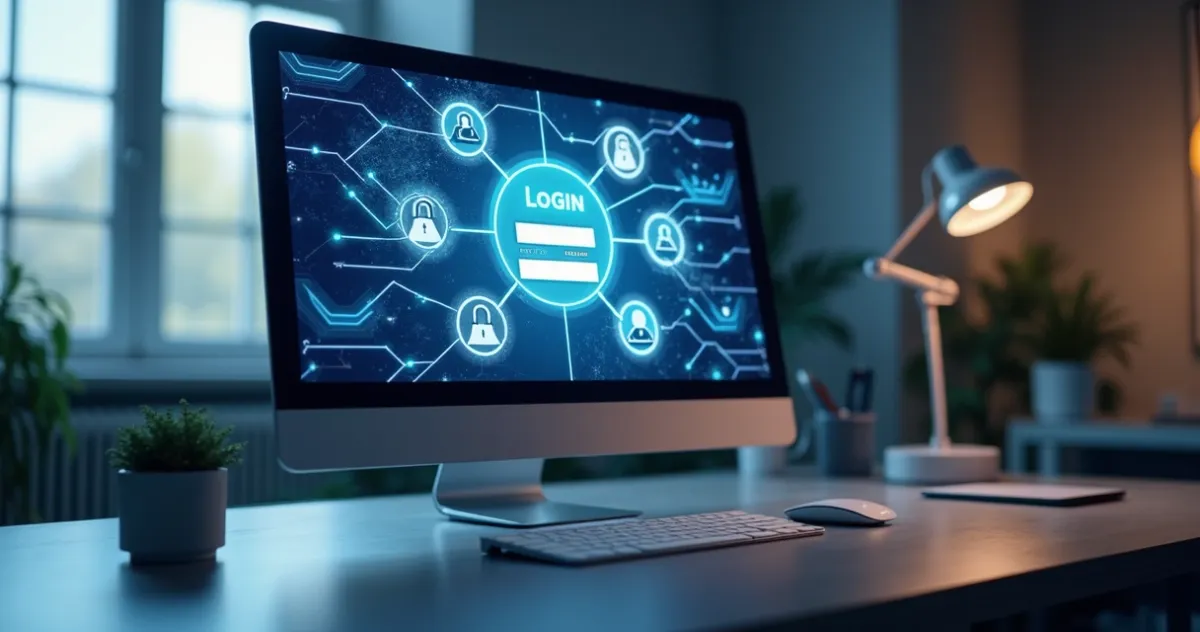Tela de computador mostrando interface de login seguro com ícones conectando vários serviços de SSO