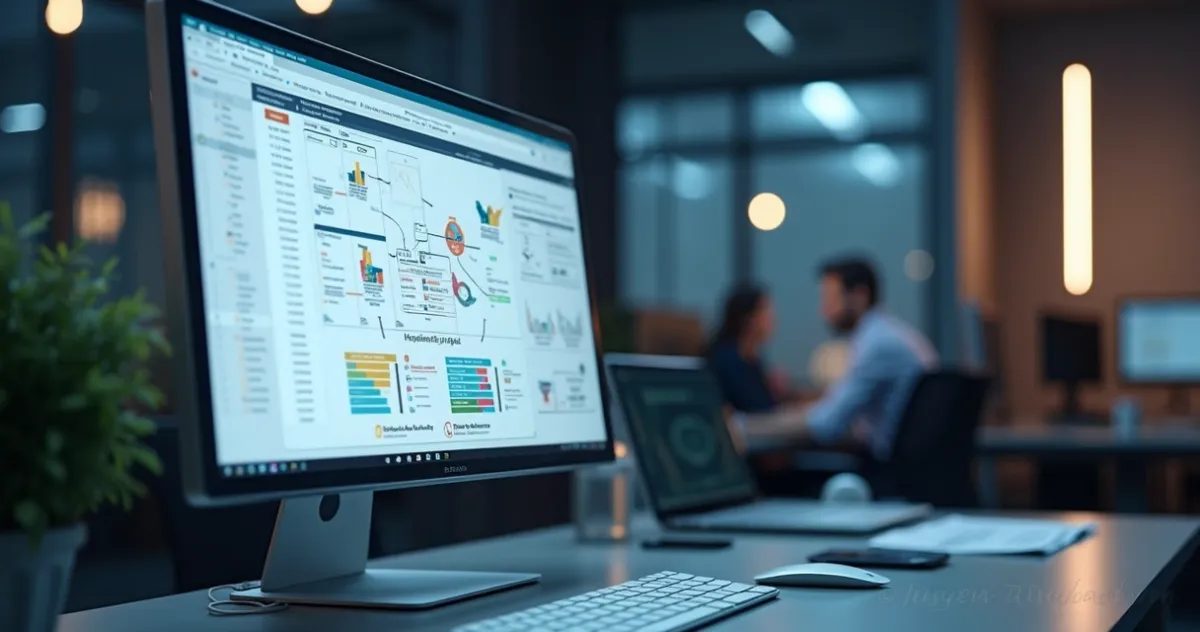 Tela de computador mostrando dashboard de mapeamento de processos com gráficos, logs e indicadores auditáveis