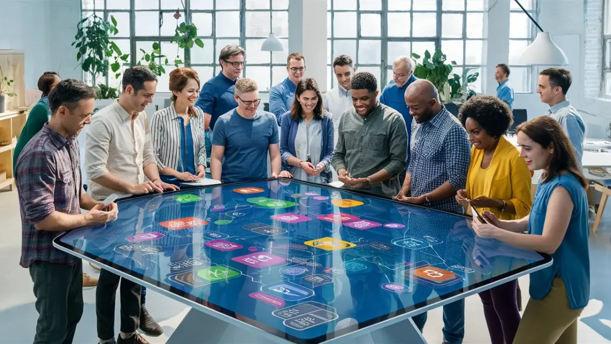 Pessoas diversas em torno de uma mesa digital com gráficos e ícones em um escritório moderno e iluminado.