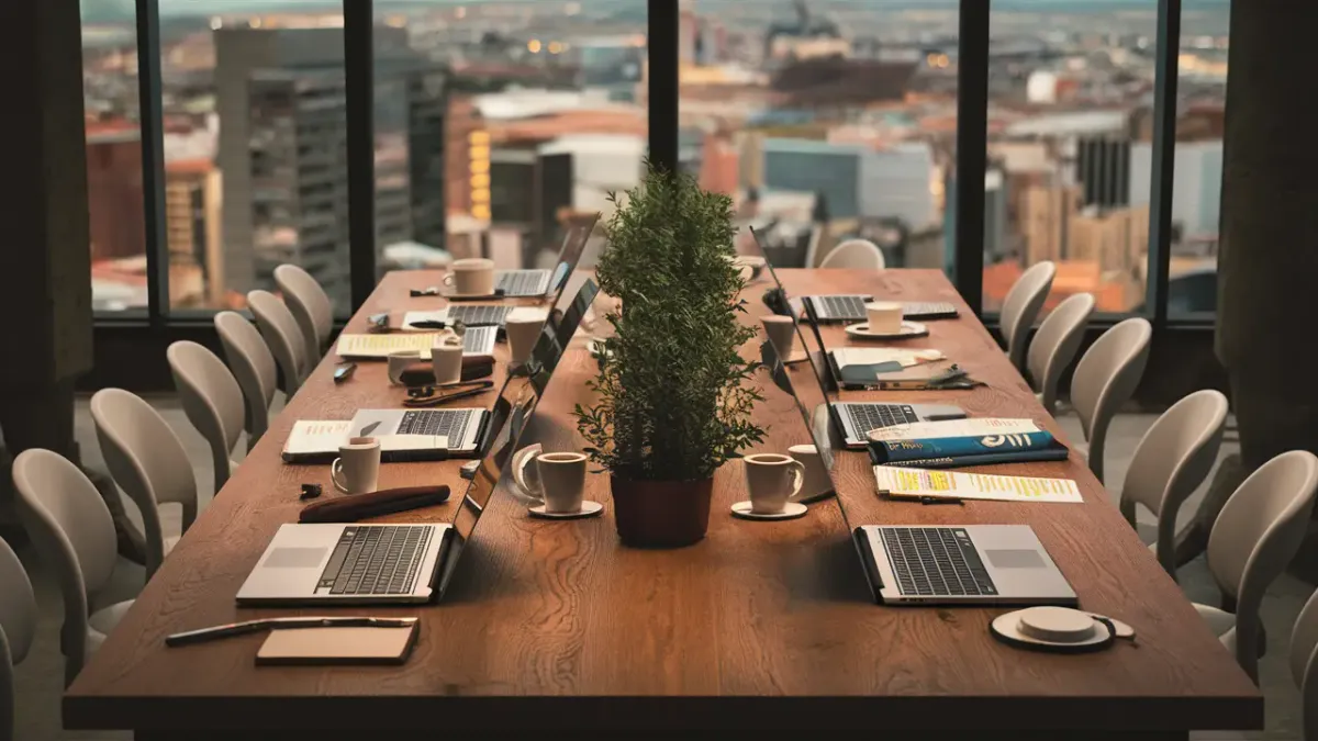 Mesa de conferência com laptops, canecas de café, jornais, e vista de cidade ao entardecer.