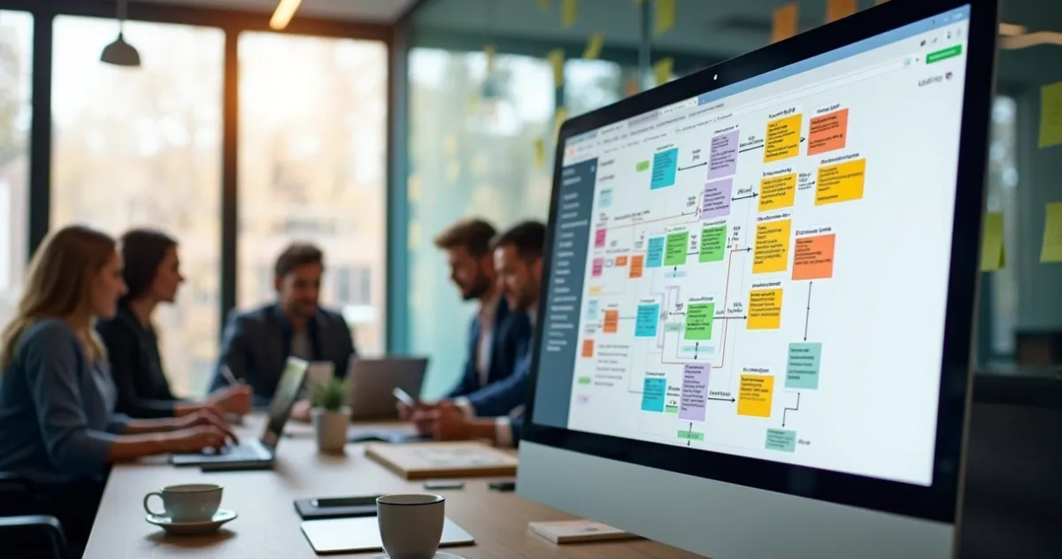 Diagrama visual com fluxo de processos em tela de computador moderno com equipe colaborando ao fundo