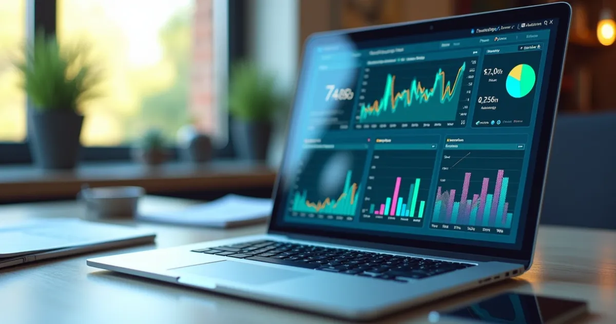 Tela de monitoramento em tempo real com gráficos coloridos e indicadores de métricas para apps no-code em um computador moder