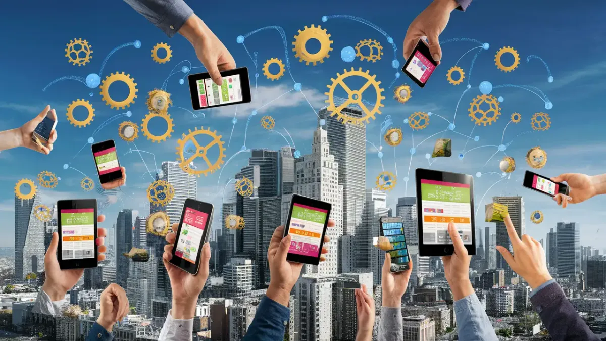 Várias mãos segurando dispositivos digitais com interfaces de aplicativos coloridas, cercadas por engrenagens flutuantes.