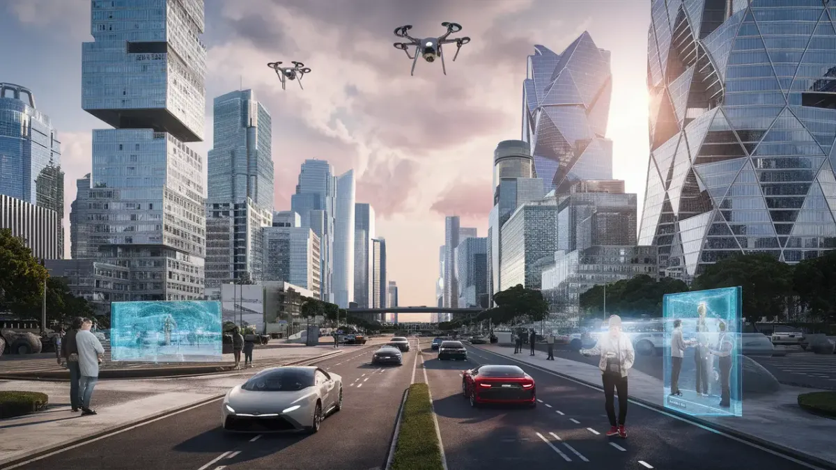Paisagem futurista do Rio de Janeiro com arranha-céus de vidro e metal, drones e carros autônomos.