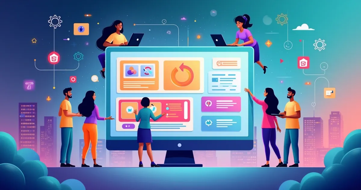 Plataforma de desenvolvimento de aplicativos no-code, usuários variados colaborando em frente a um computador futurista.