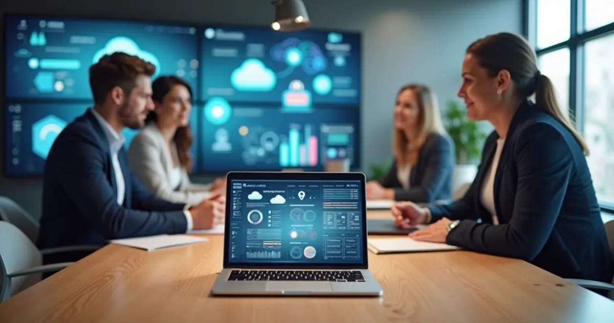 Mesa de trabalho com laptop exibindo gráficos de colaboração, várias telas mostrando aplicativos de equipe, e pessoas discuti