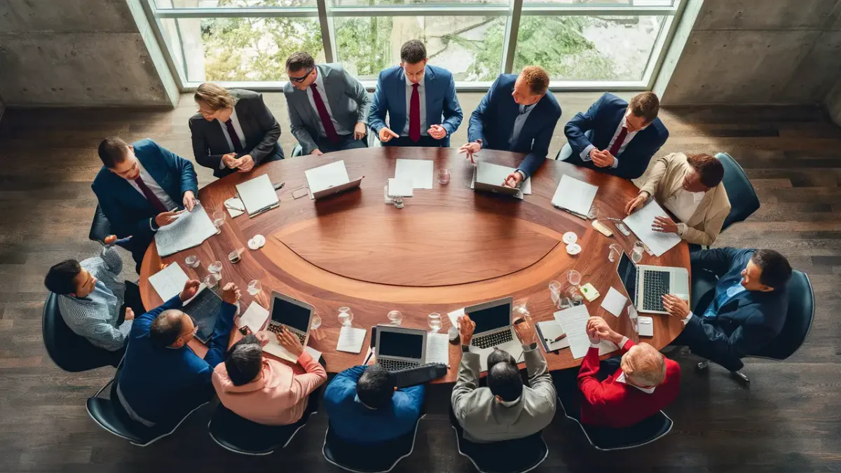 Profissionais de negócios em uma sala de conferência moderna, discutindo em torno de uma mesa de madeira oval.