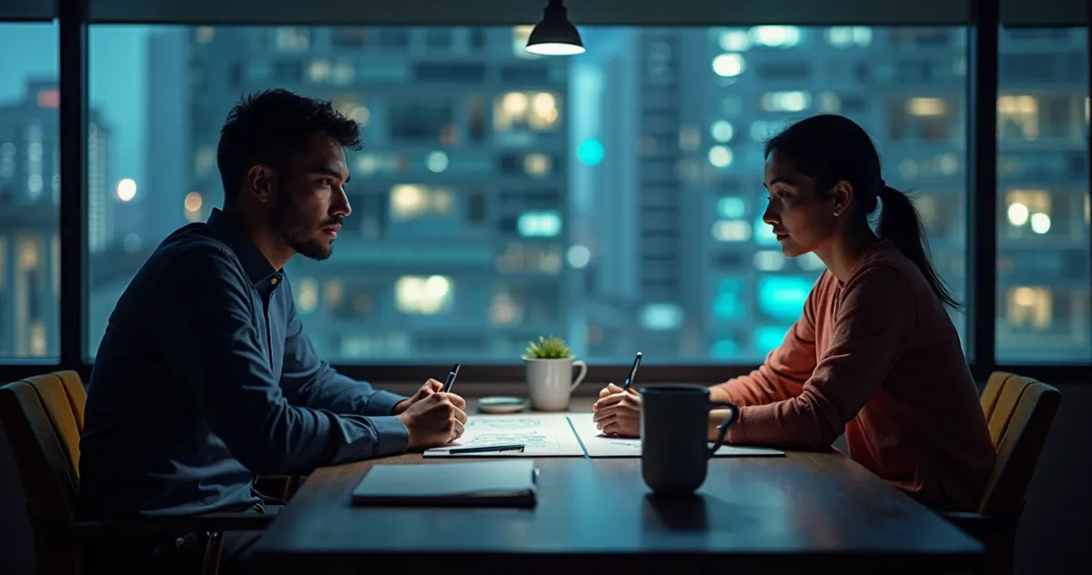 Protótipo funcional no computador com tela de sistema no-code, equipe discutindo resultados em ambiente moderno de escritório