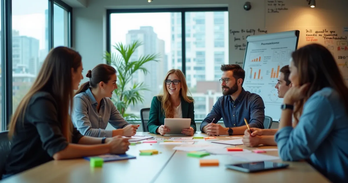 Reunião de brainstorm em um escritório vibrante, profissionais interagindo com tecnologia e criatividade.
