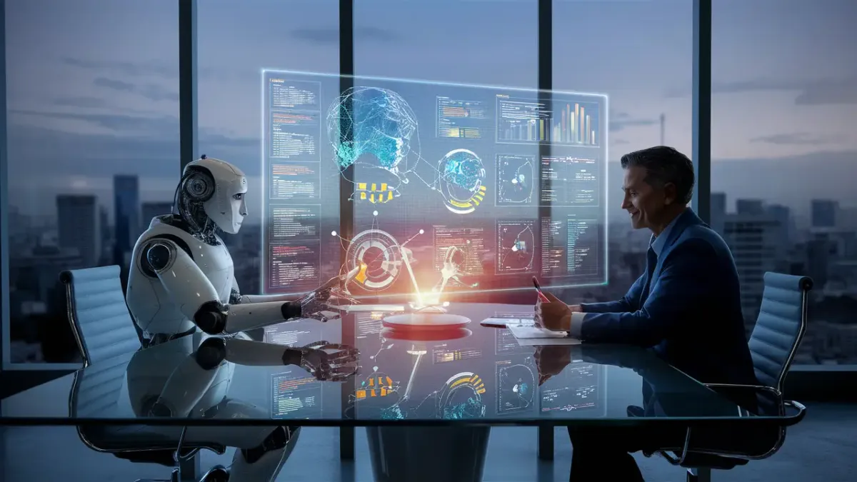Robô futurista e executivo humano em escritório, interagindo com holograma de gráficos de dados e cidade ao fundo.