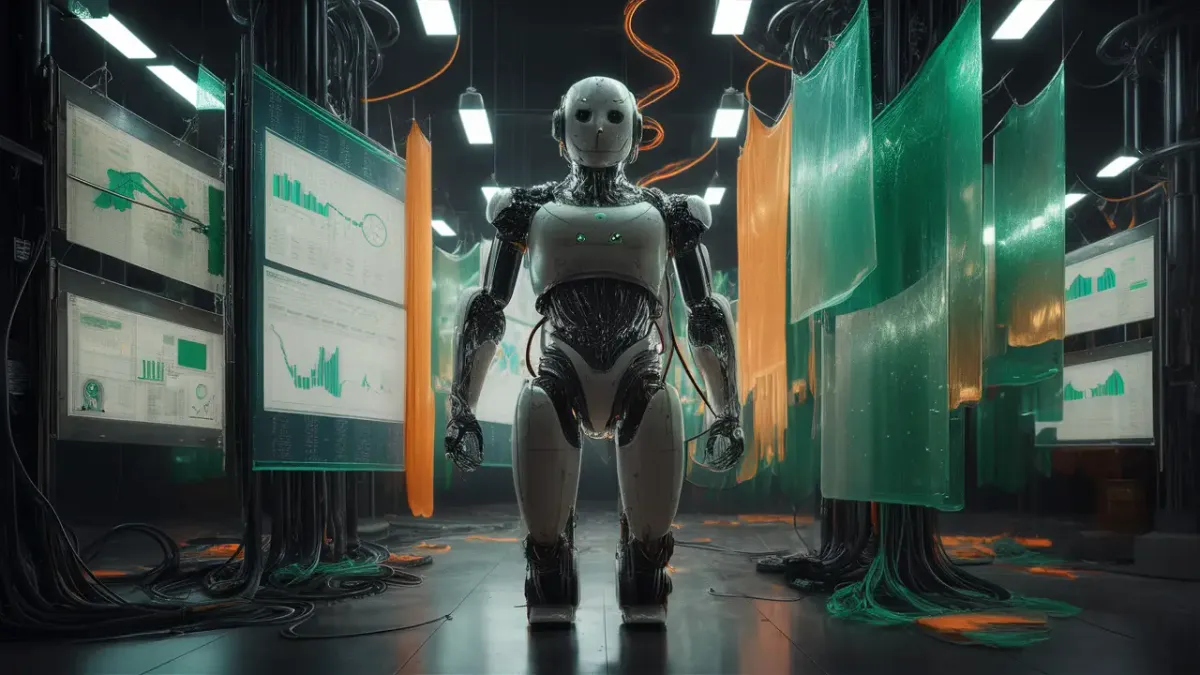 Portátil com interface de IA em mesa de vidro com plantas e cidade futurista vista pelas janelas.