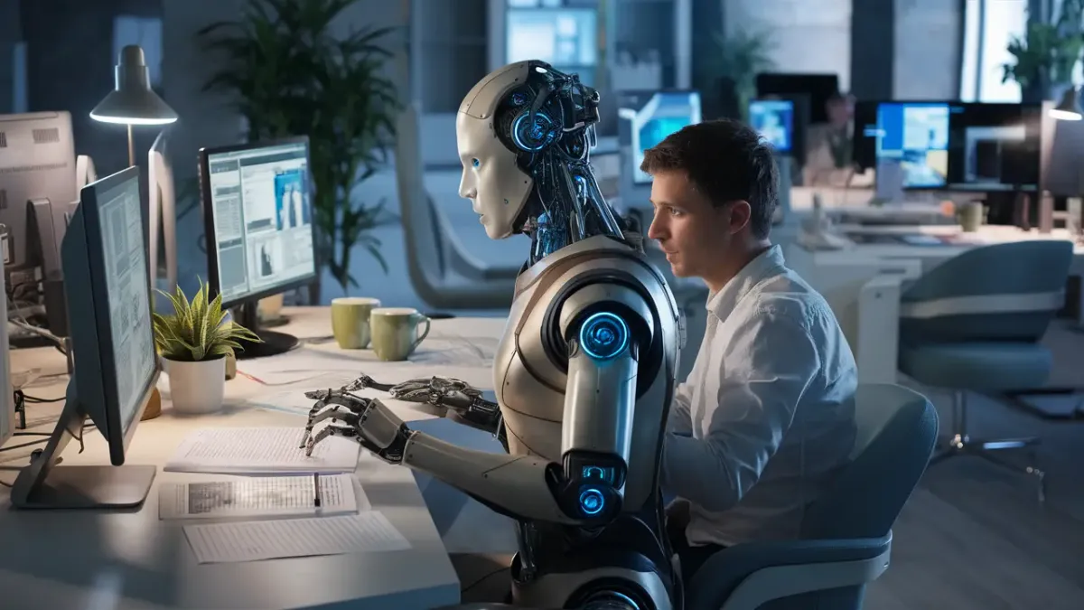 Robô humanoide e humano trabalham lado a lado em escritório futurista com telas de computador e plantas.