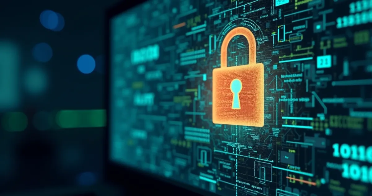 Ilustração realista de segurança digital com cadeado brilhante sobre tela de computador mostrando dados e códigos binários