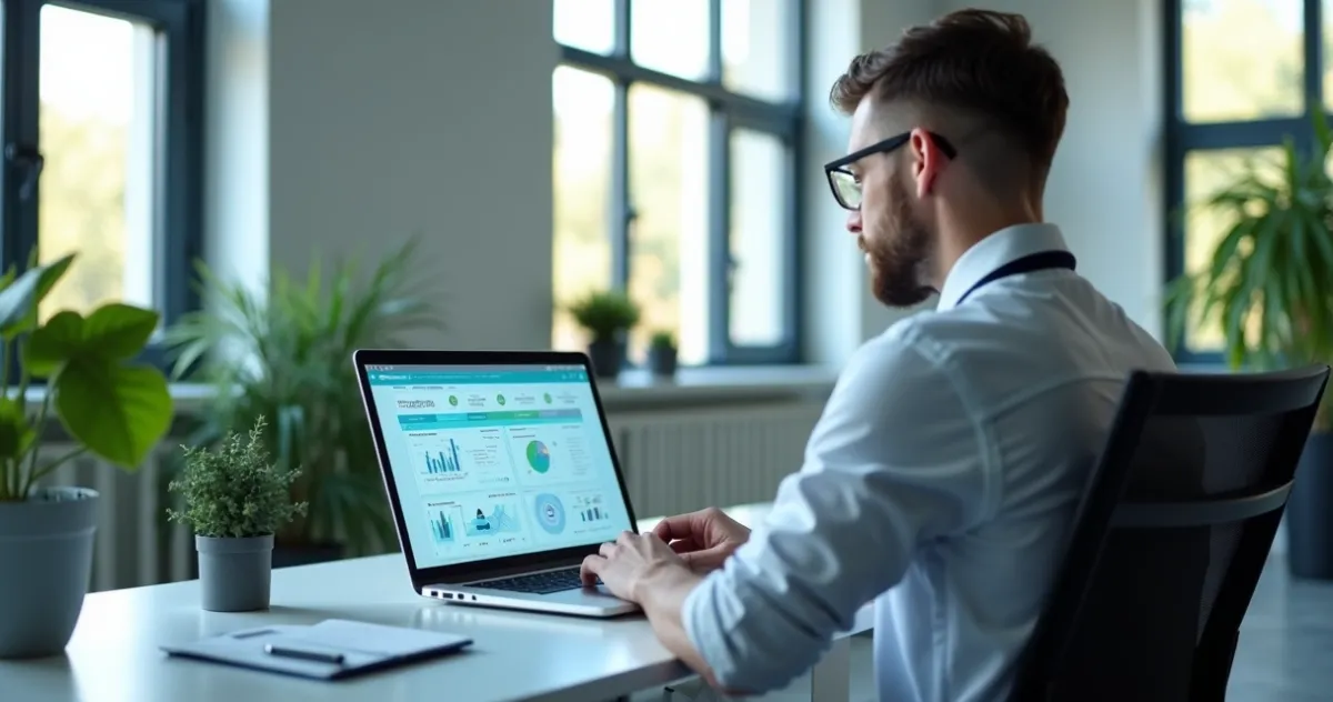 Profissional da saúde ocupacional usando um sistema digital em laptop moderno com gráficos e dados de controle visíveis na te