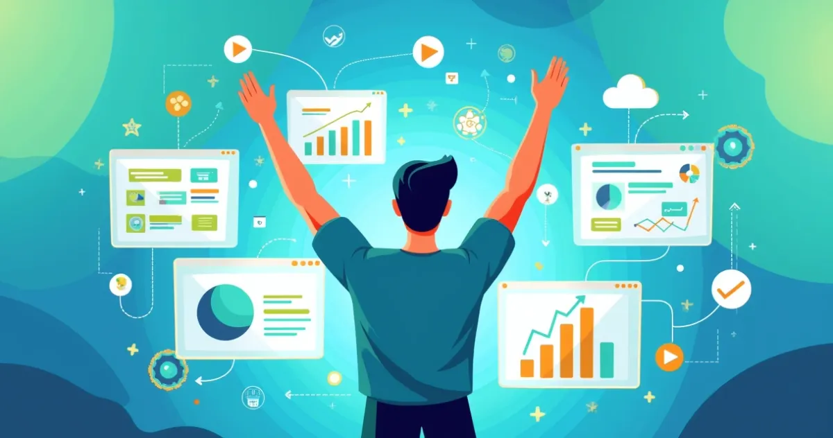 Ilustração colorida de um profissional jovem celebrando diante de telas digitais com símbolos de no-code e gráficos ascendent