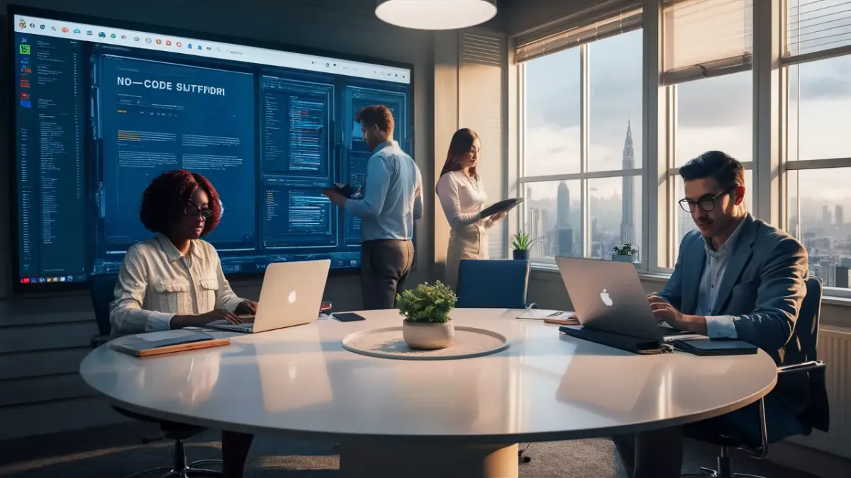 Profissionais trabalham em escritório moderno com laptops e tela digital mostrando interface de software no-code.