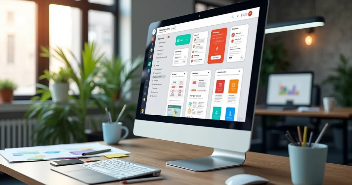 Tela de aplicativo no-code exibindo interface de usuário limpa e moderna com elementos visuais de design interativo