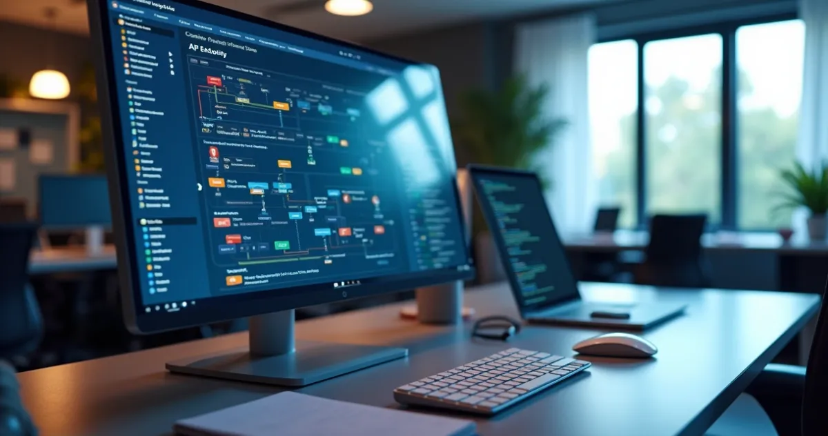Tela de computador exibindo um dashboard com conexões de APIs e fluxos de trabalho automatizados com gráficos e códigos