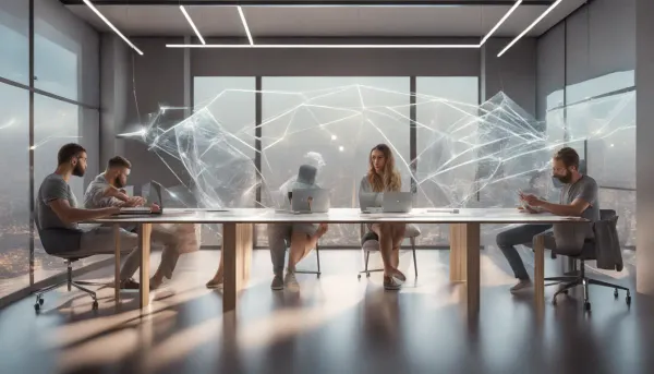 Cena de escritório moderno com profissionais utilizando laptops para desenvolver estratégias de negócios com tecnologia no-co