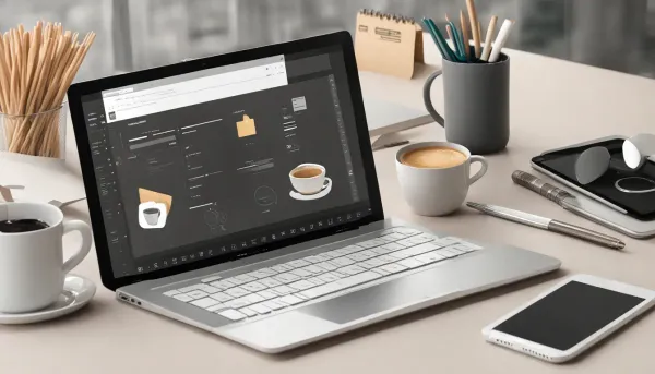 Imagem de um escritório moderno com laptop exibindo interface de sistema ERP, planilha de papel, smartphone e outros itens de