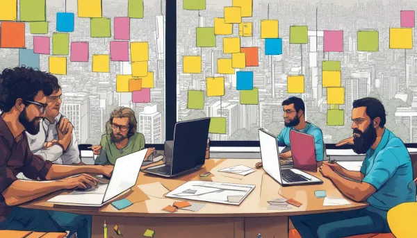 Empreendedores brasileiros discutindo o uso de Bubble.io em um escritório moderno em São Paulo, destacando inovação e tecnolo