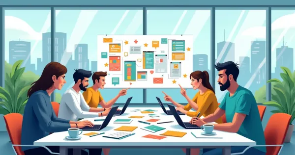 Um ambiente de trabalho animado com desenvolvedores colaborando em templates para aplicações.