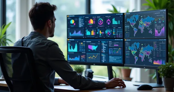 Analista de dados trabalhando com gráficos digitais e dashboards coloridos em ambiente moderno e iluminado