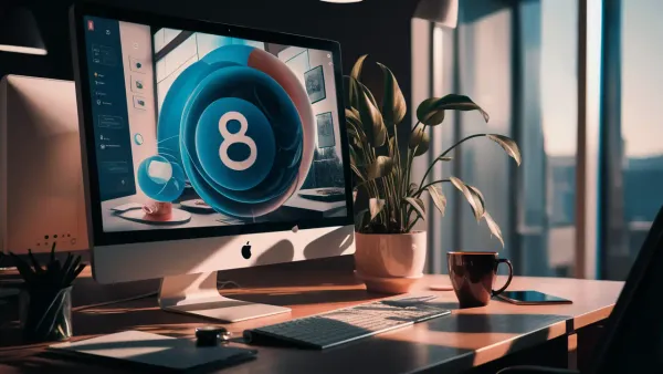 Tela de computador mostrando um aplicativo Bubble.io em um escritório com caneca de café e planta na mesa de madeira.