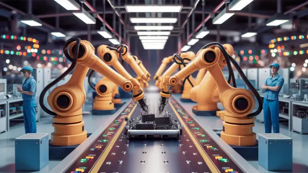 Fábrica moderna com braços robóticos montando dispositivos eletrônicos em uma esteira, trabalhadores de uniforme azul observa