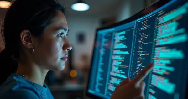 Pessoa frustrada analisando código visual em tela de computador com gráficos de erros e soluções ao redor