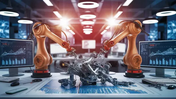 Braços robóticos montando dispositivo mecânico em escritório tecnológico com computadores exibindo análises de dados.