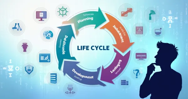 Fluxo de desenvolvimento de software com fases coloridas e ícones de ferramentas no-code em fundo digital.