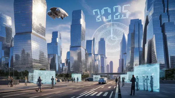Cidade futurista com arranha-céus, veículos voadores autônomos e pessoas usando hologramas em 2025.