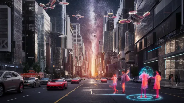 Cidade futurista com arranha-céus, drones, veículos autônomos e pessoas interagindo com hologramas coloridos.
