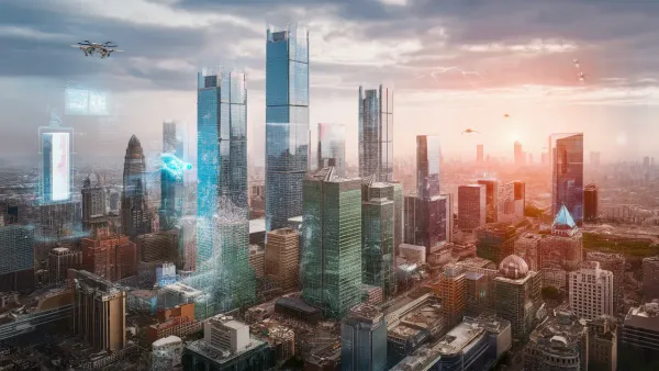 Cidade futurista com arranha-céus transparentes, telas digitais interativas, anúncios holográficos e drones voadores.