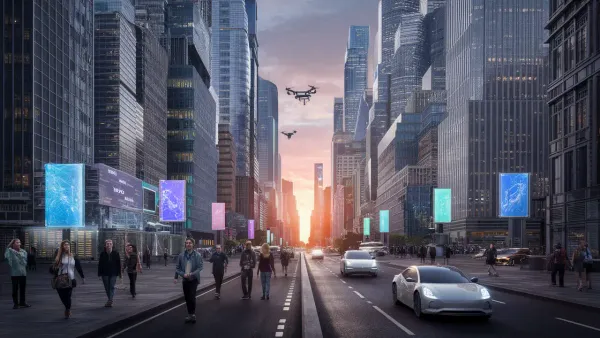 Uma cidade futurista ao entardecer com arranha-céus de vidro e aço, drones voando e pessoas usando óculos de realidade aument