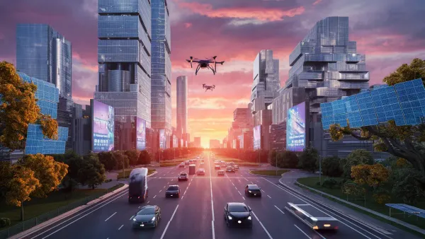 Cidade futurista ao pôr do sol com arranha-céus de vidro, drones voadores e veículos autônomos nas ruas.