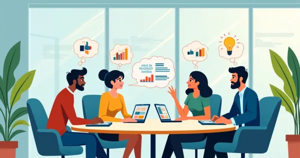 Grupo diverso de clientes fornecendo feedback em uma sala moderna com mesa redonda.