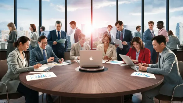 Pessoas em trajes formais colaboram em torno de mesa redonda com laptop e documentos em escritório moderno.