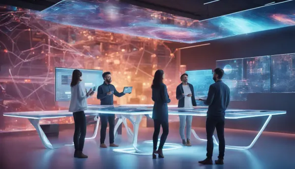 Pessoas diversas colaboram em torno de uma mesa digital interativa com interface de plataforma no-code.