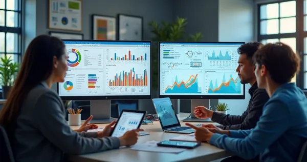 Comparação entre dashboard analítico independente e módulo de ERP integrado, com gráficos em telas de computador e equipe ana