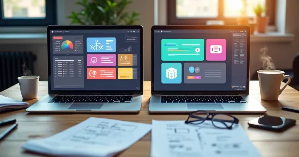 Mesa de trabalho com dois laptops mostrando interfaces de prototipagem no-code lado a lado, cercados por anotações, gráficos